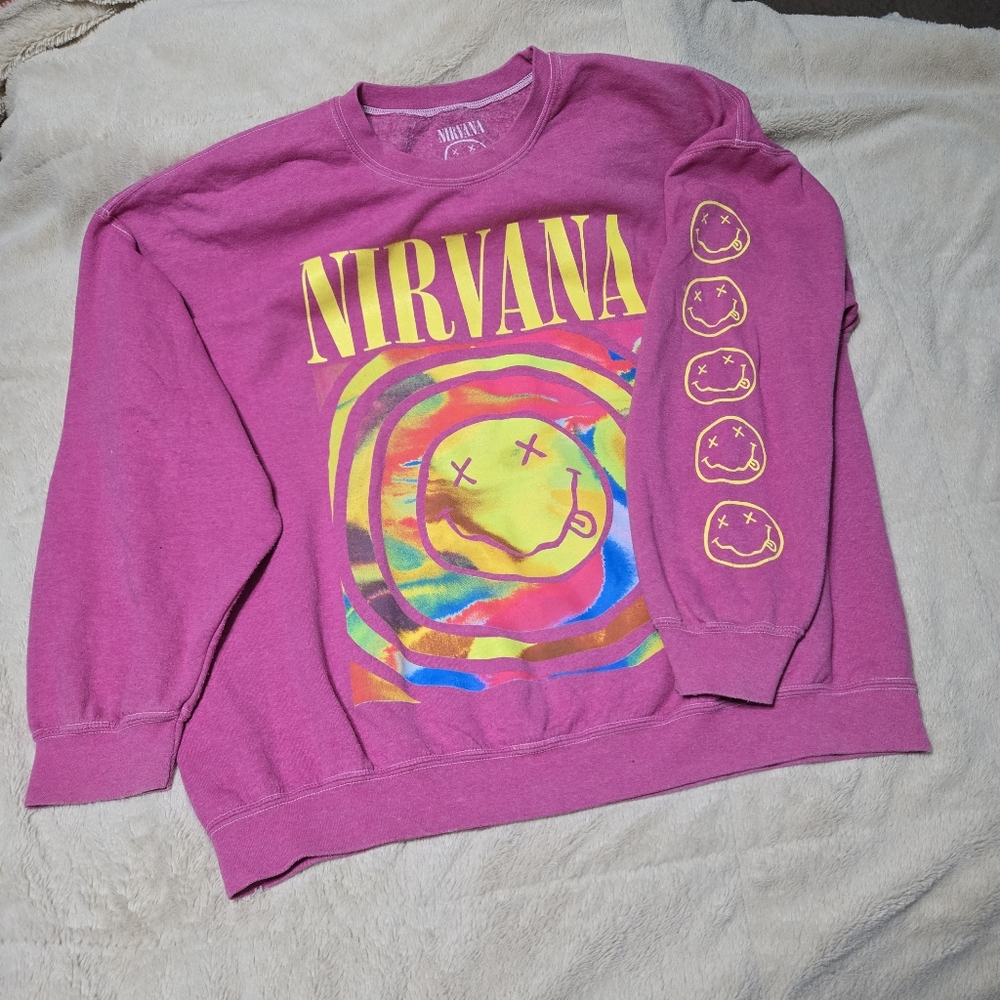 Oversized Nirvana Sweatshirt Nirvana Pink Smiley Nirvana Sweat Top S - M